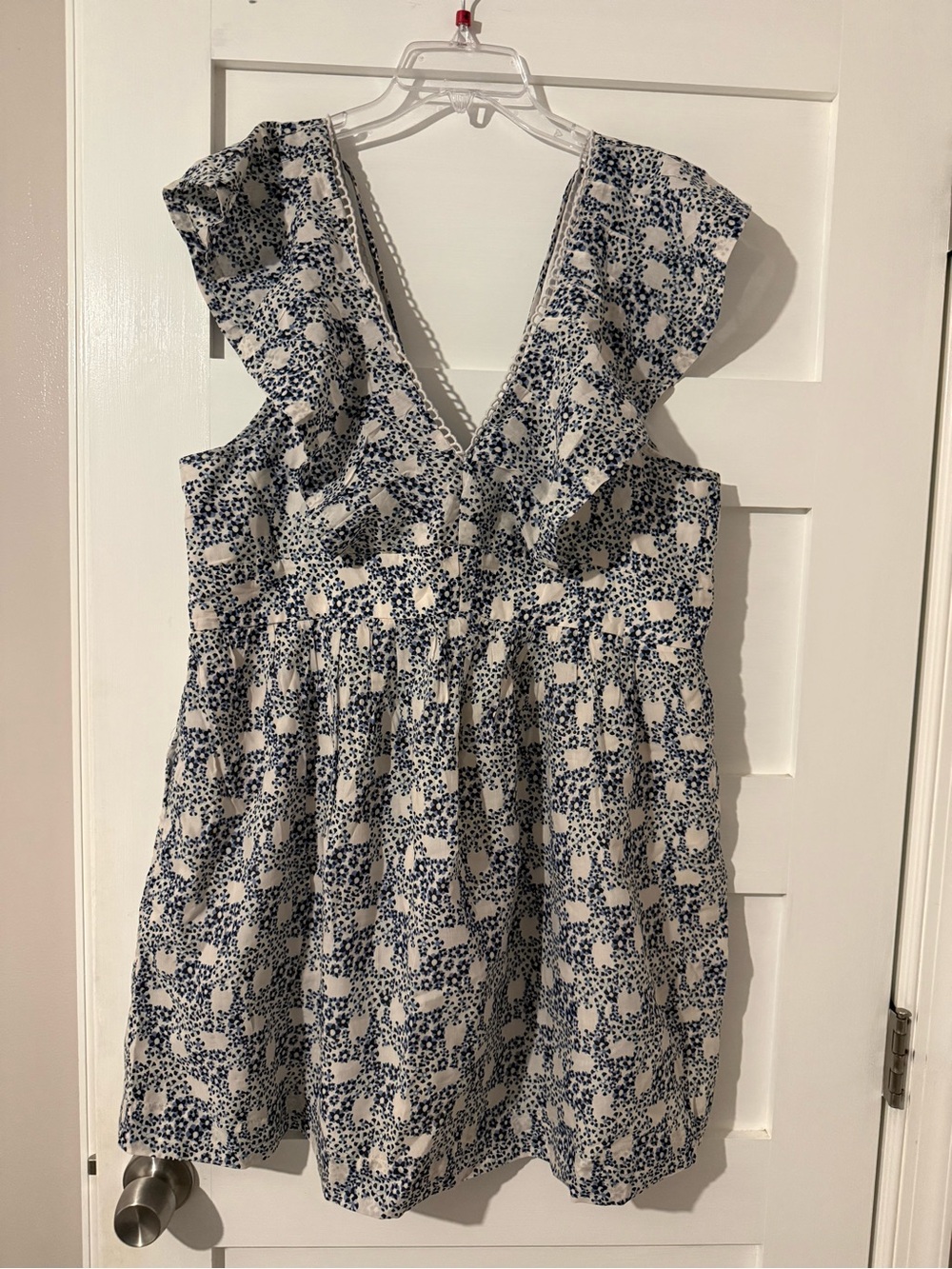 Anthropologie Cream and Navy Floral Ruffle Mini Dress Sz L